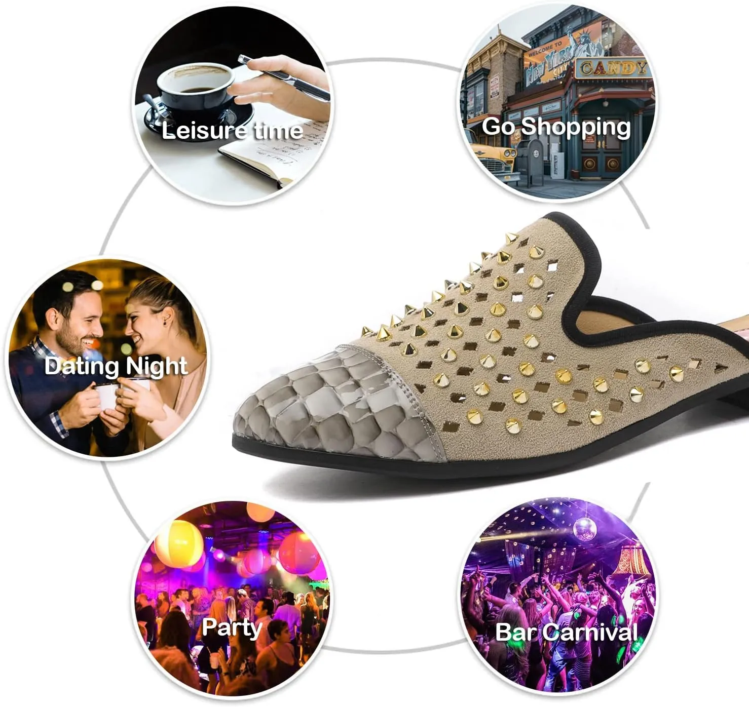 Men's Slip-on Mule Sandals Loafer with Gold Buckle,Fashion Leather Formal Wear Casual Backless Dress Slippers