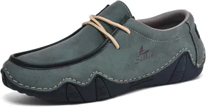 Men's Waterproof Leather Casual Walking Shoes for Hiking Camping & Driving All Season Retro Hand Stitched Round Toe Lace Up Slip on Loafers Comfortable Soft Outdoor Fashion Sneakers