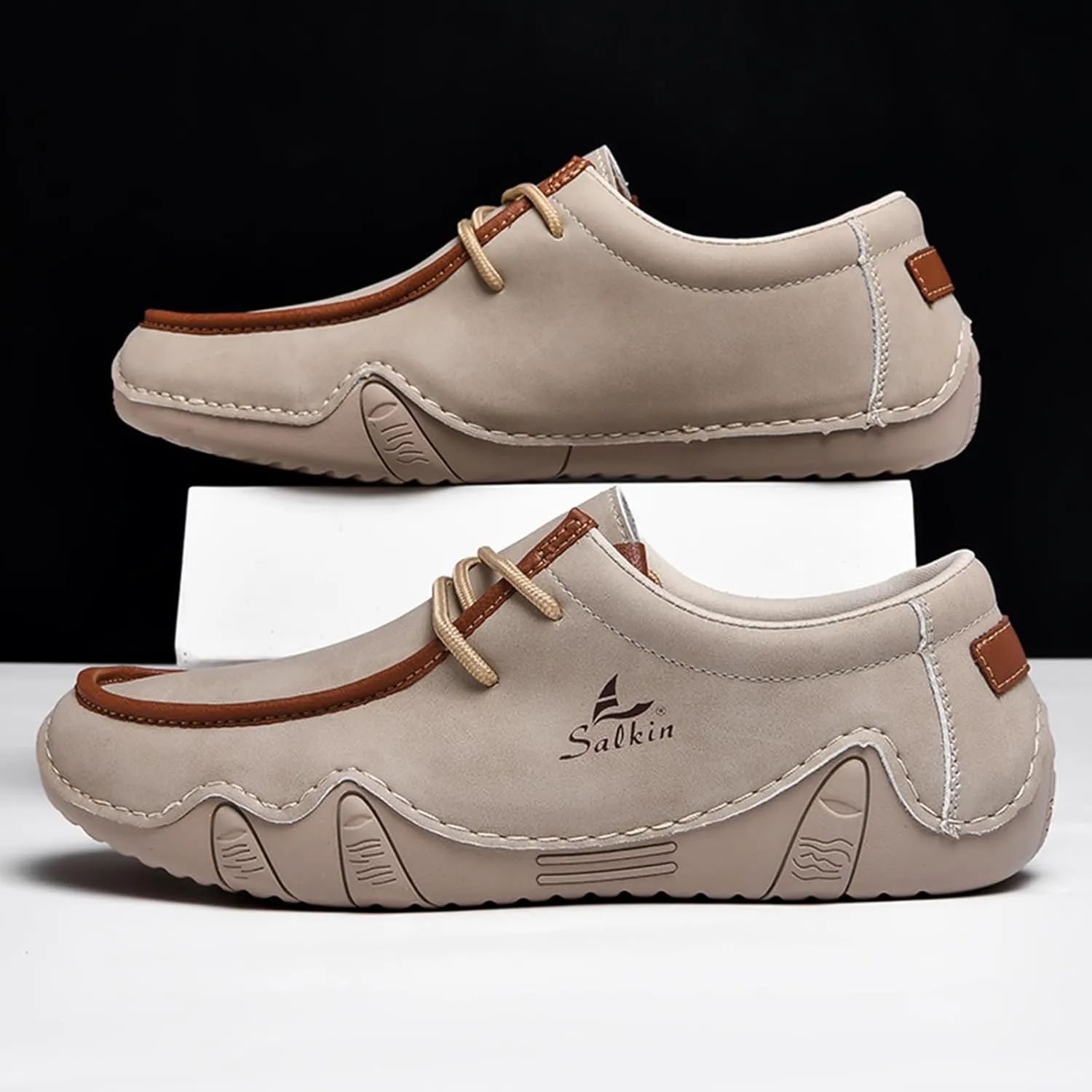 Men's Waterproof Leather Casual Walking Shoes for Hiking Camping & Driving All Season Retro Hand Stitched Round Toe Lace Up Slip on Loafers Comfortable Soft Outdoor Fashion Sneakers