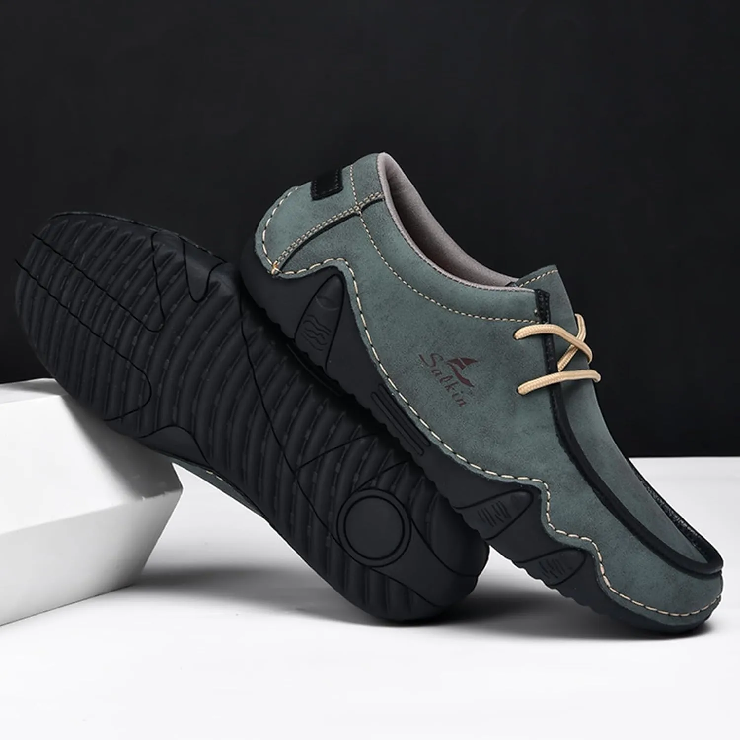 Men's Waterproof Leather Casual Walking Shoes for Hiking Camping & Driving All Season Retro Hand Stitched Round Toe Lace Up Slip on Loafers Comfortable Soft Outdoor Fashion Sneakers