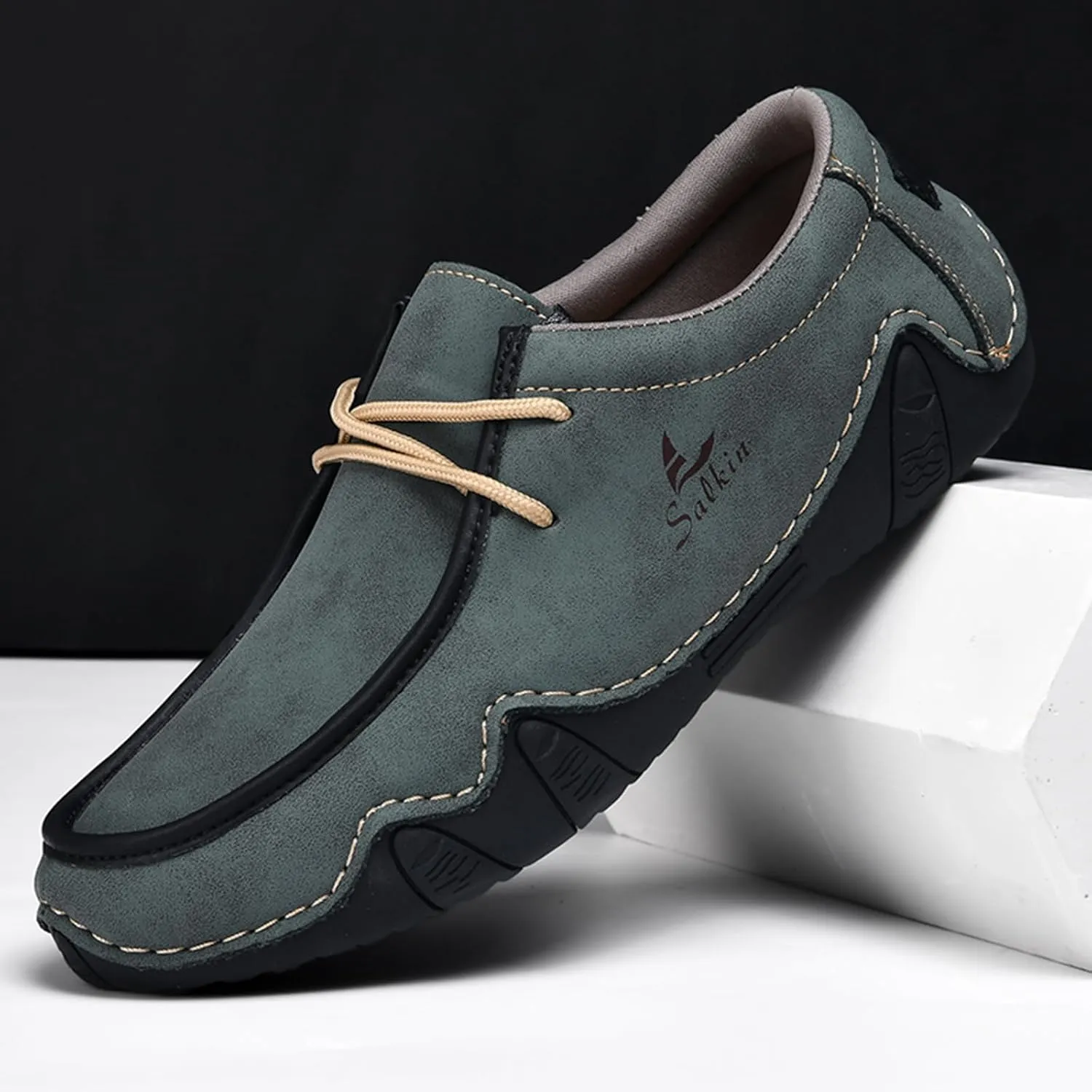 Men's Waterproof Leather Casual Walking Shoes for Hiking Camping & Driving All Season Retro Hand Stitched Round Toe Lace Up Slip on Loafers Comfortable Soft Outdoor Fashion Sneakers