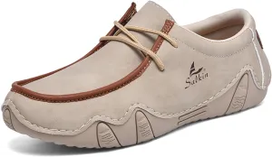Men's Waterproof Leather Casual Walking Shoes for Hiking Camping & Driving All Season Retro Hand Stitched Round Toe Lace Up Slip on Loafers Comfortable Soft Outdoor Fashion Sneakers