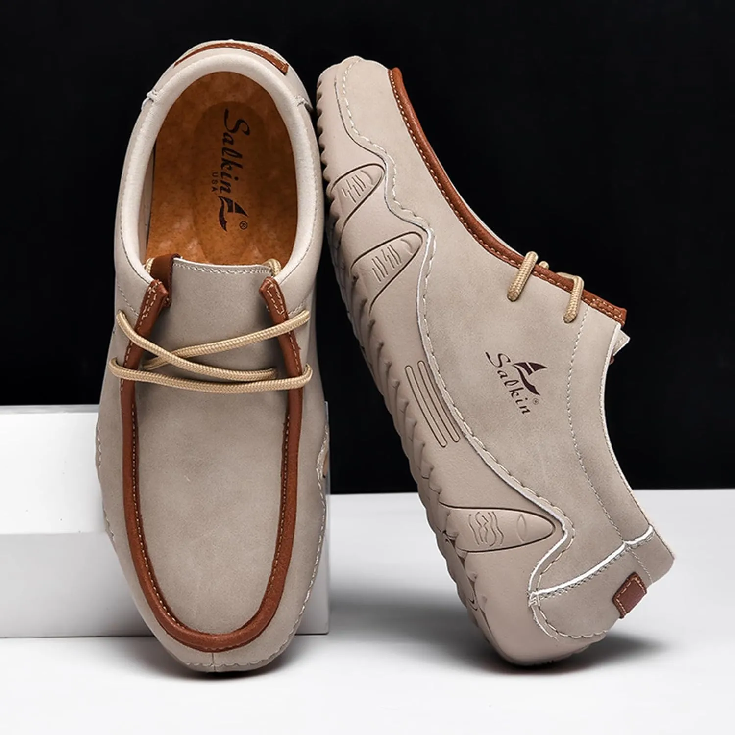 Men's Waterproof Leather Casual Walking Shoes for Hiking Camping & Driving All Season Retro Hand Stitched Round Toe Lace Up Slip on Loafers Comfortable Soft Outdoor Fashion Sneakers