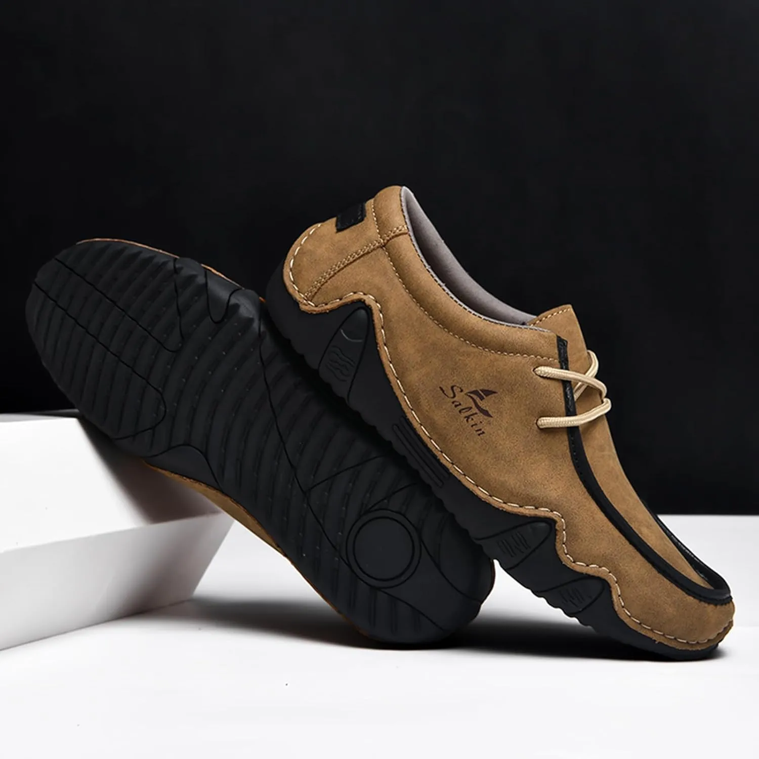 Men's Waterproof Leather Casual Walking Shoes for Hiking Camping & Driving All Season Retro Hand Stitched Round Toe Lace Up Slip on Loafers Comfortable Soft Outdoor Fashion Sneakers