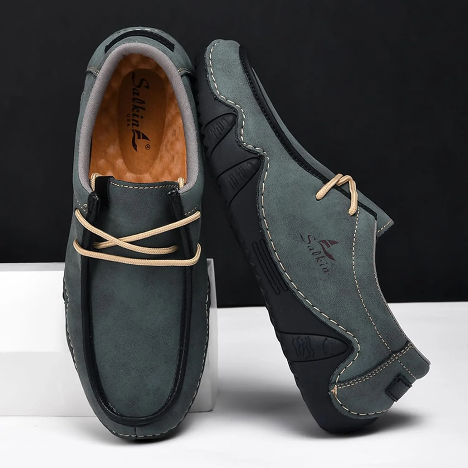 Men's Waterproof Leather Casual Walking Shoes for Hiking Camping & Driving All Season Retro Hand Stitched Round Toe Lace Up Slip on Loafers Comfortable Soft Outdoor Fashion Sneakers