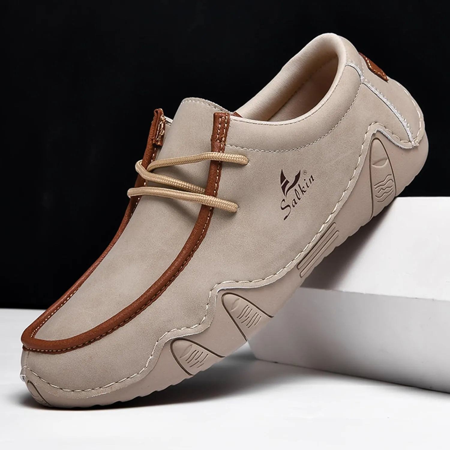 Men's Waterproof Leather Casual Walking Shoes for Hiking Camping & Driving All Season Retro Hand Stitched Round Toe Lace Up Slip on Loafers Comfortable Soft Outdoor Fashion Sneakers