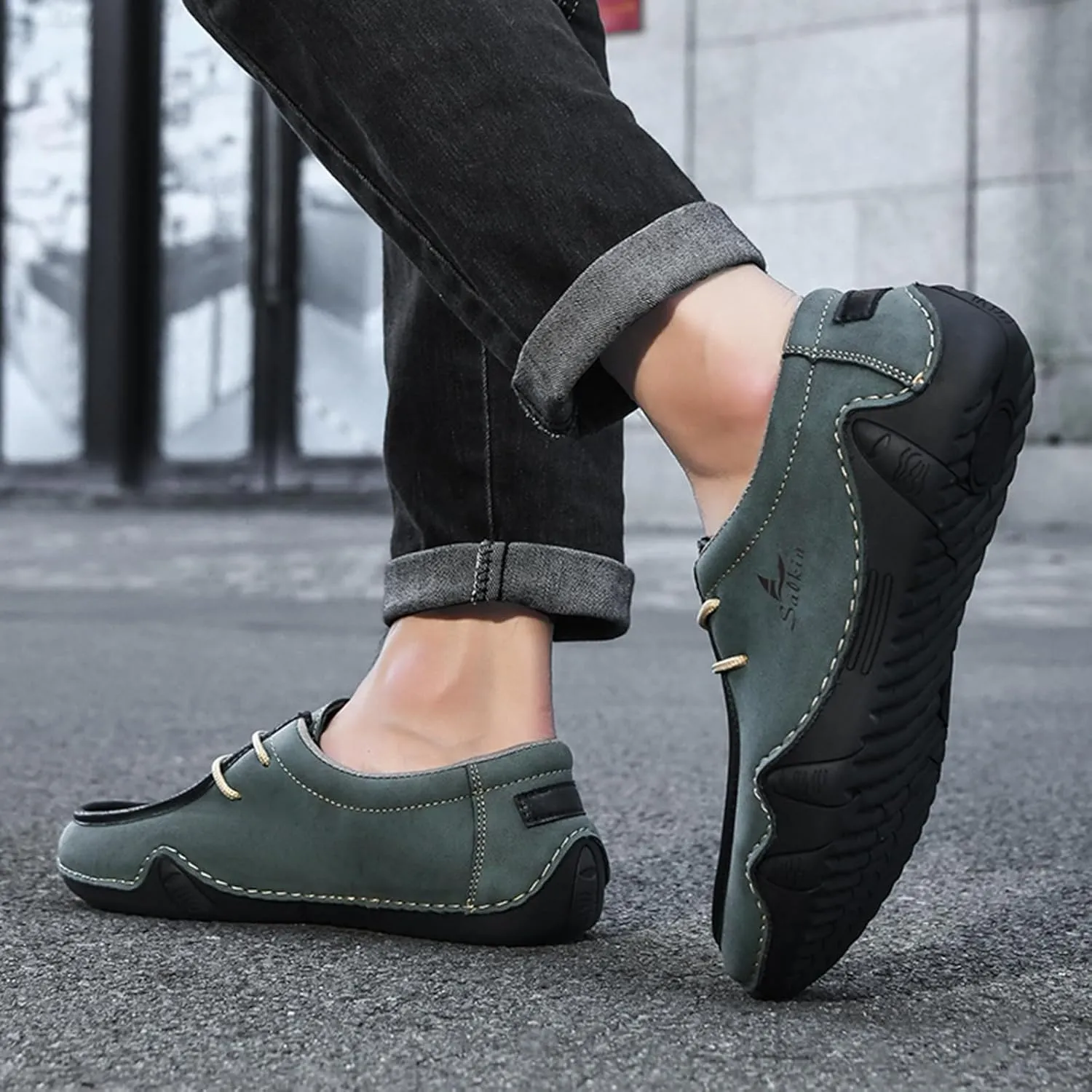 Men's Waterproof Leather Casual Walking Shoes for Hiking Camping & Driving All Season Retro Hand Stitched Round Toe Lace Up Slip on Loafers Comfortable Soft Outdoor Fashion Sneakers