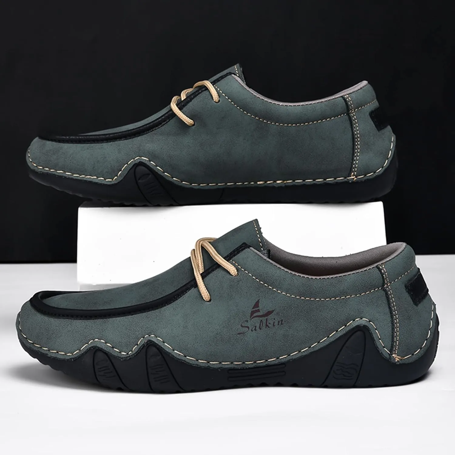 Men's Waterproof Leather Casual Walking Shoes for Hiking Camping & Driving All Season Retro Hand Stitched Round Toe Lace Up Slip on Loafers Comfortable Soft Outdoor Fashion Sneakers