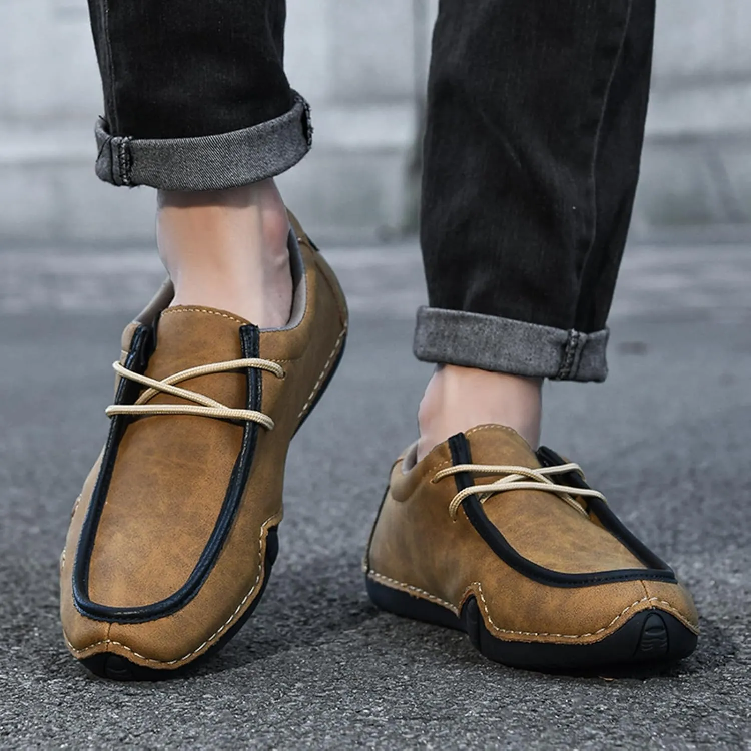 Men's Waterproof Leather Casual Walking Shoes for Hiking Camping & Driving All Season Retro Hand Stitched Round Toe Lace Up Slip on Loafers Comfortable Soft Outdoor Fashion Sneakers