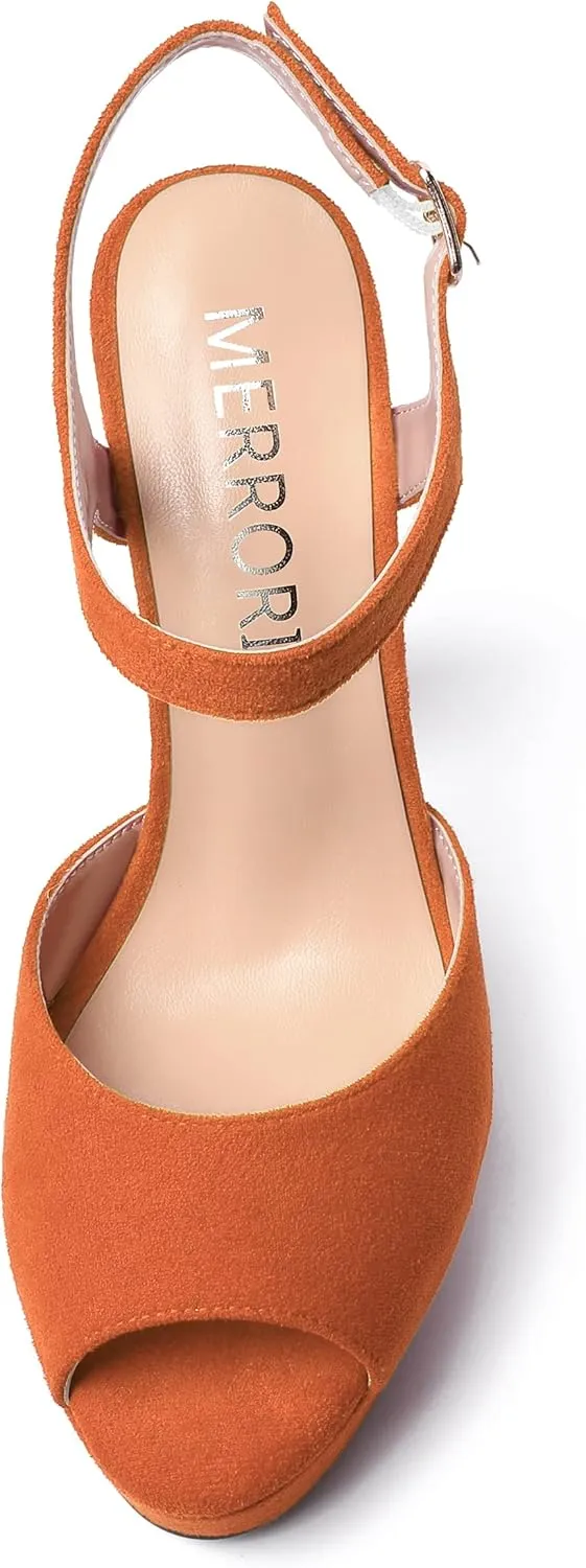 MERRORI Womens Ankle Strap Platform Fashion Party Solid Peep Toe Buckle Matte Chunky High Heel Sandals 5 Inch