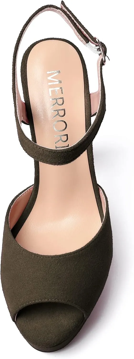 MERRORI Womens Ankle Strap Platform Fashion Party Solid Peep Toe Buckle Matte Chunky High Heel Sandals 5 Inch