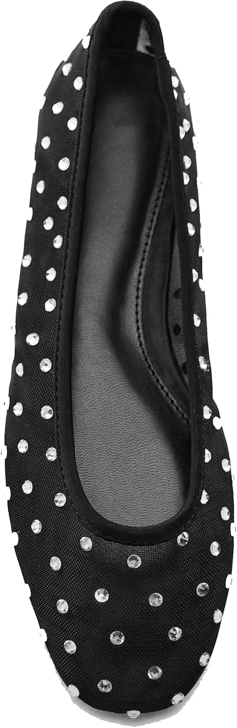 Mesh Flats Ballet Flats for Women with Rhinestone Sparkly Dressy Crystal Sandals