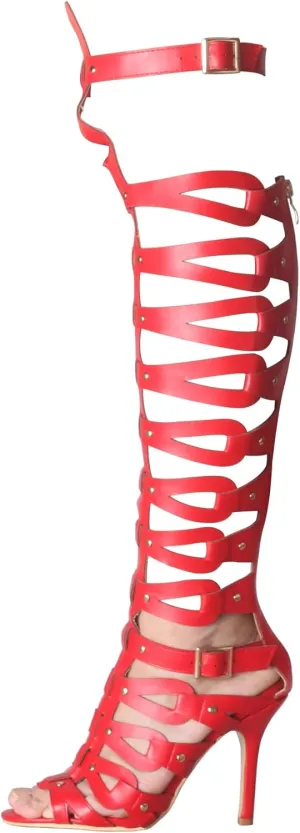 Minishion Gladiator Sandals for Women Tall Heels Stiletto Knee High Summer Boots Shoes