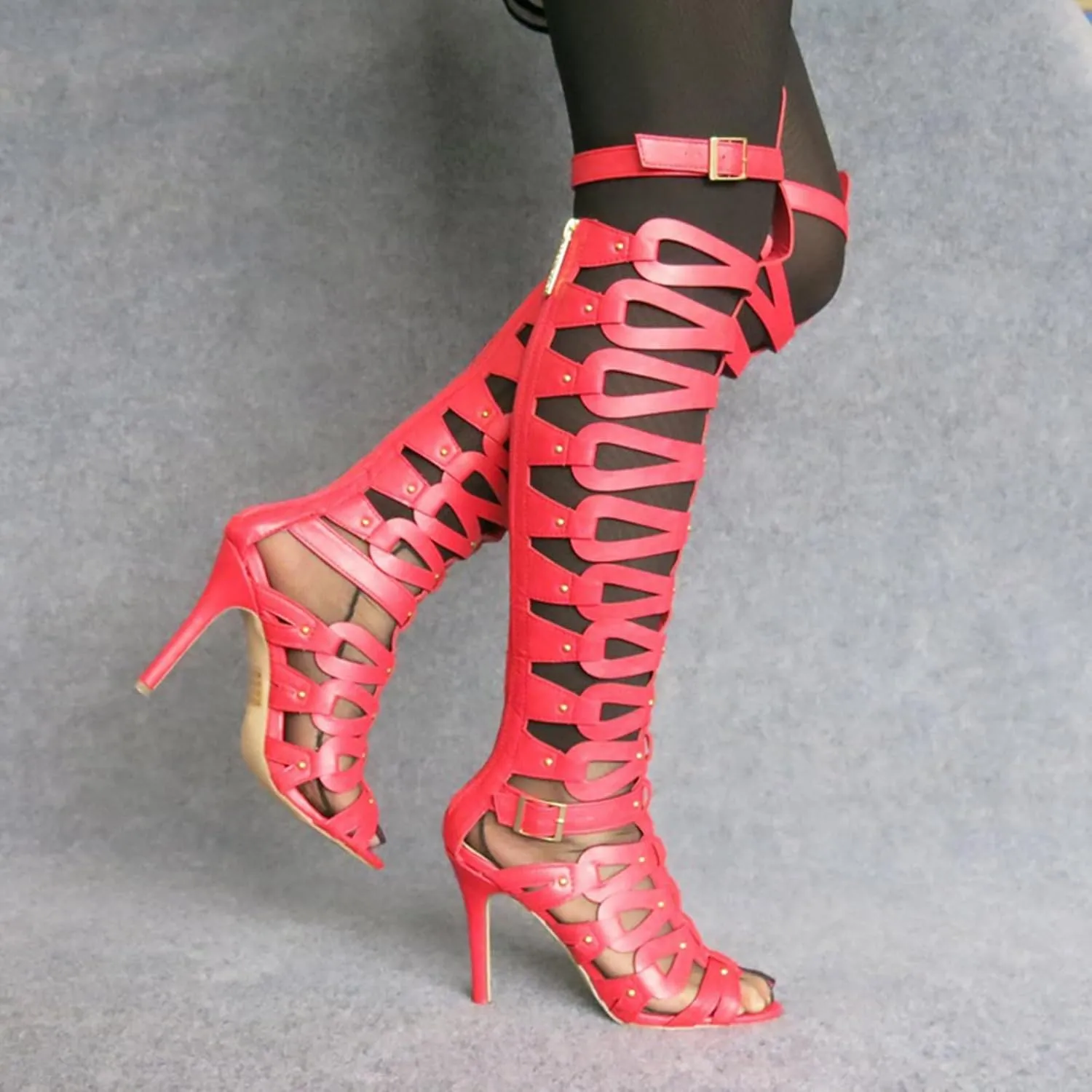 Minishion Gladiator Sandals for Women Tall Heels Stiletto Knee High Summer Boots Shoes