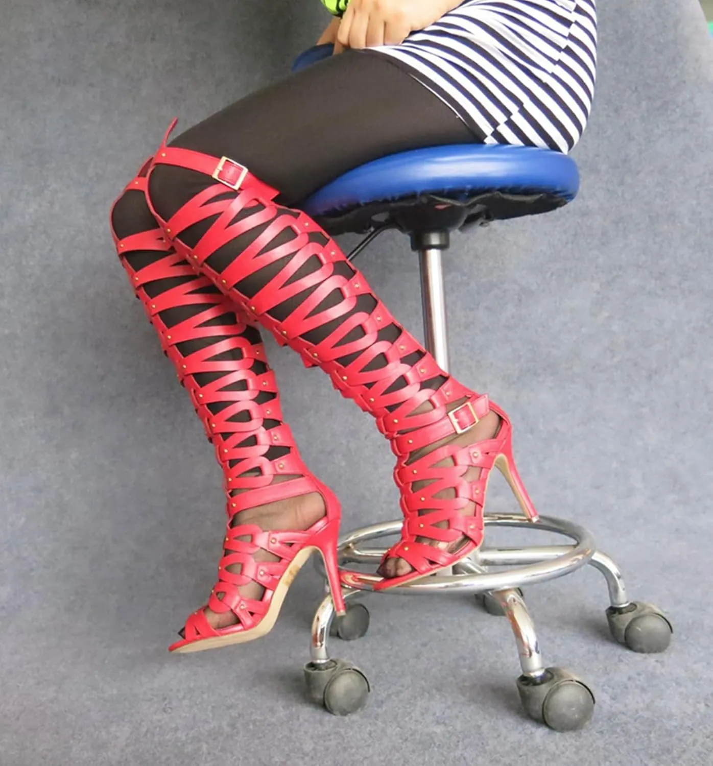 Minishion Gladiator Sandals for Women Tall Heels Stiletto Knee High Summer Boots Shoes
