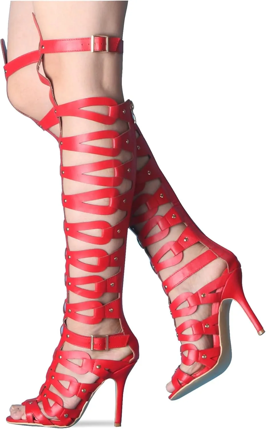 Minishion Gladiator Sandals for Women Tall Heels Stiletto Knee High Summer Boots Shoes