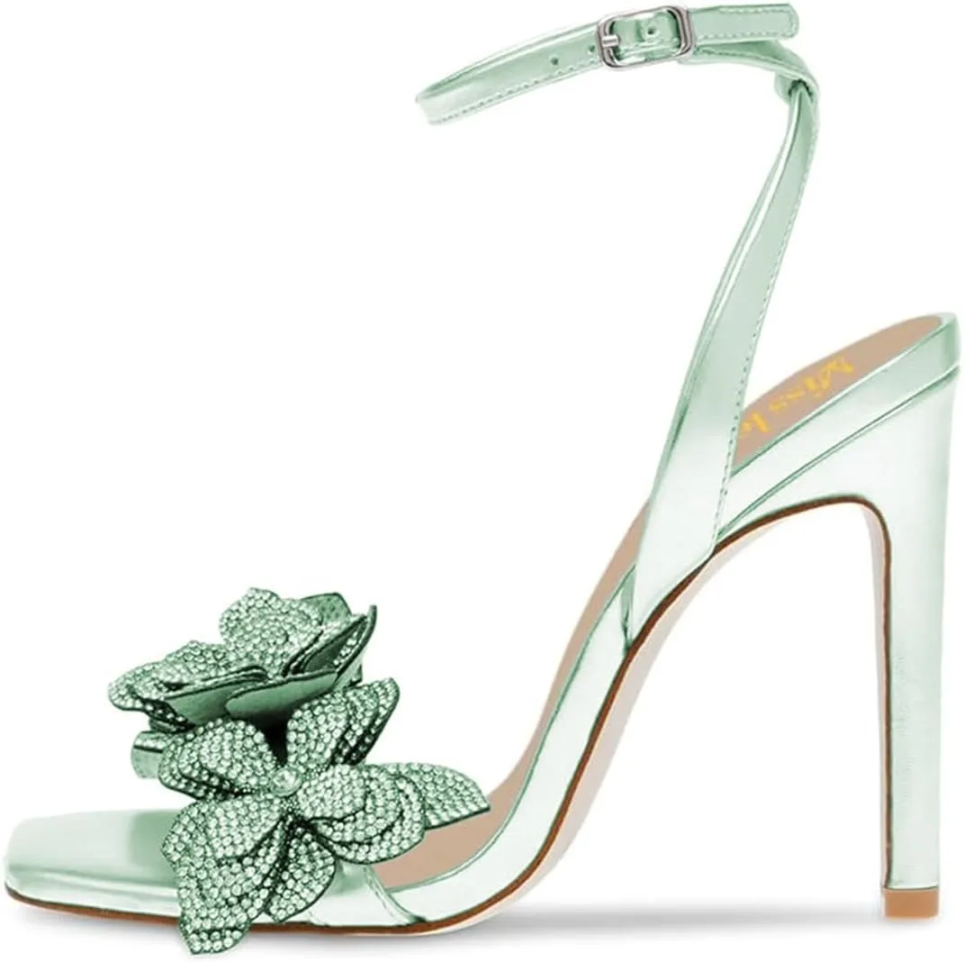 miss left Women Rhinestones Stiletto Heel Sandals with Strap Buckles Flower Embellished Open Square Toe High Heels Pumps Chic Wedding Event Dress Shoes Size 4-16 US