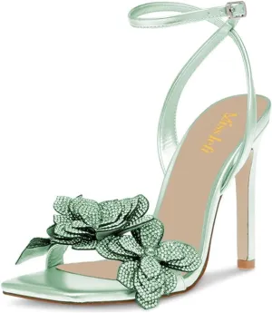 miss left Women Rhinestones Stiletto Heel Sandals with Strap Buckles Flower Embellished Open Square Toe High Heels Pumps Chic Wedding Event Dress Shoes Size 4-16 US
