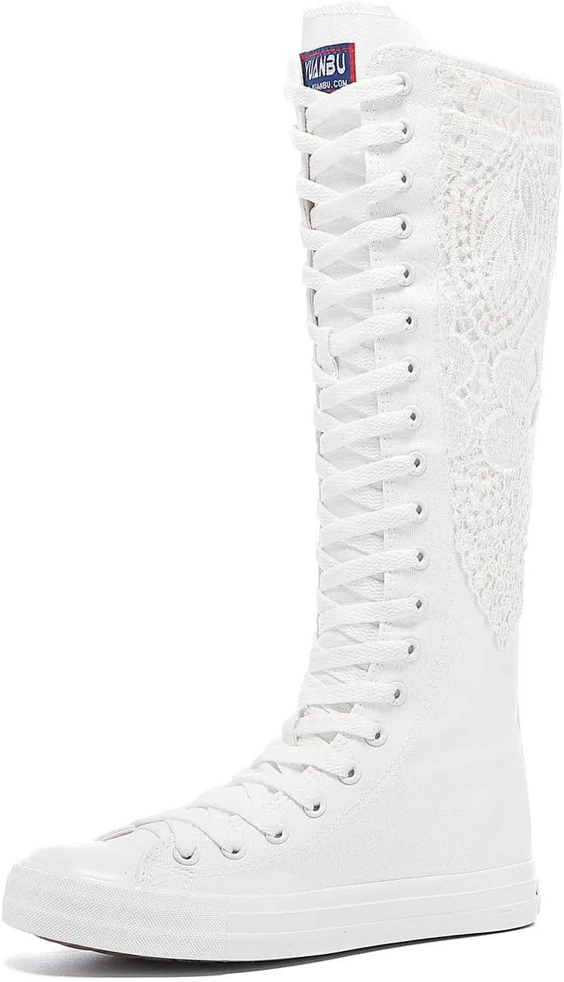 Momuk Fashion Girls Canvas Boots Knee High Sneakers Causal School Shoes Applicable for Both School Dresses or Casual Occasions for Women Size 8.5 B(M) US White