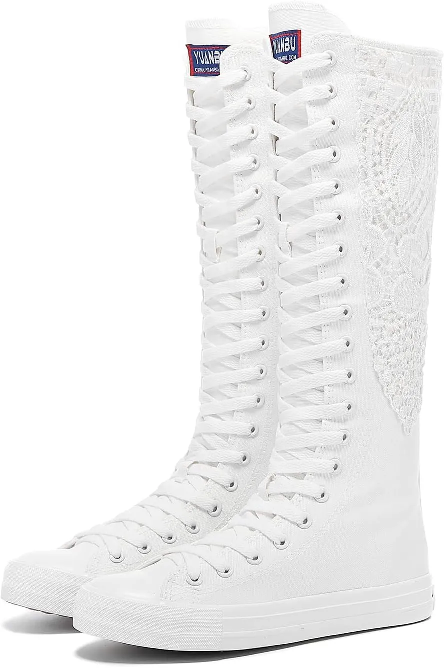 Momuk Fashion Girls Canvas Boots Knee High Sneakers Causal School Shoes Applicable for Both School Dresses or Casual Occasions for Women Size 8.5 B(M) US White