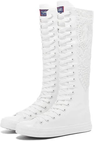 Momuk Fashion Girls Canvas Boots Knee High Sneakers Causal School Shoes Applicable for Both School Dresses or Casual Occasions for Women Size 8.5 B(M) US White