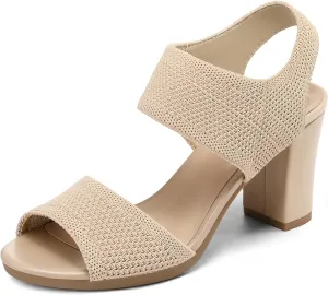 mysoft Women's Chunky Block High Heels Elastic Knit Open Toe Slingback Heeled Sandals