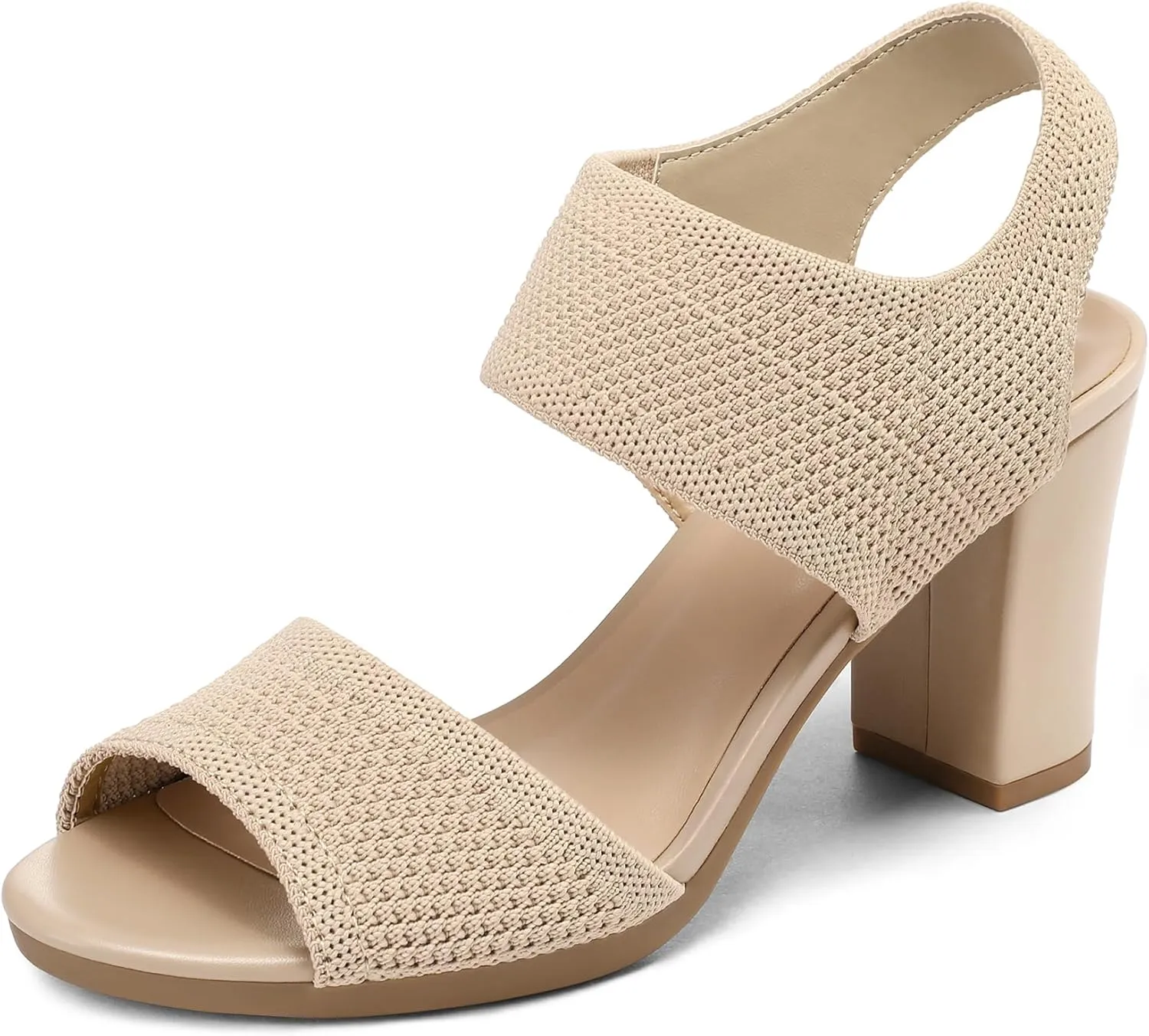mysoft Women's Chunky Block High Heels Elastic Knit Open Toe Slingback Heeled Sandals