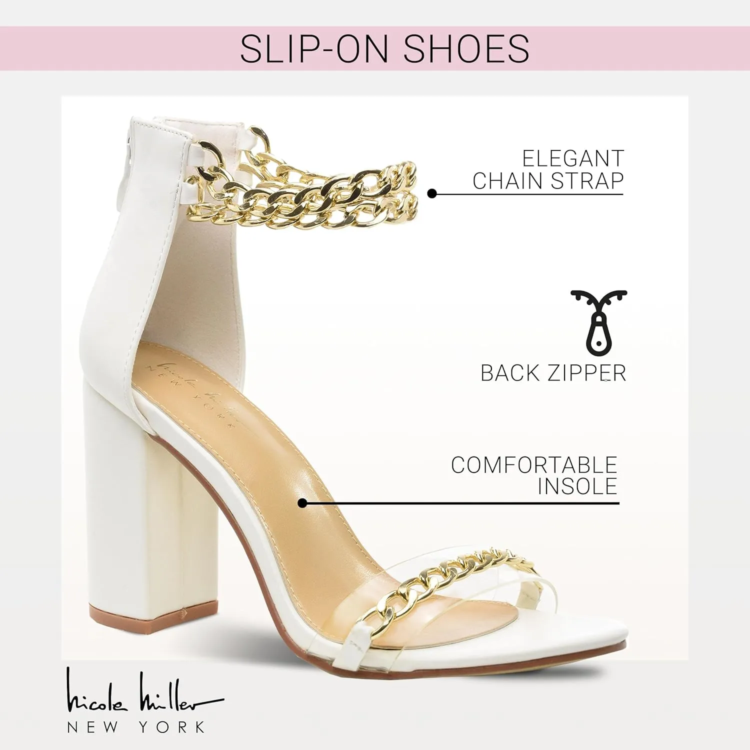 Nicole Miller Gabriella Women's Sandals, Women's Sandals with High Heels - Open Toe with Ankle Chain Strap and Back Zipper, Wedding Shoes for Bride, Fashionable High Heel Sandals for Parties