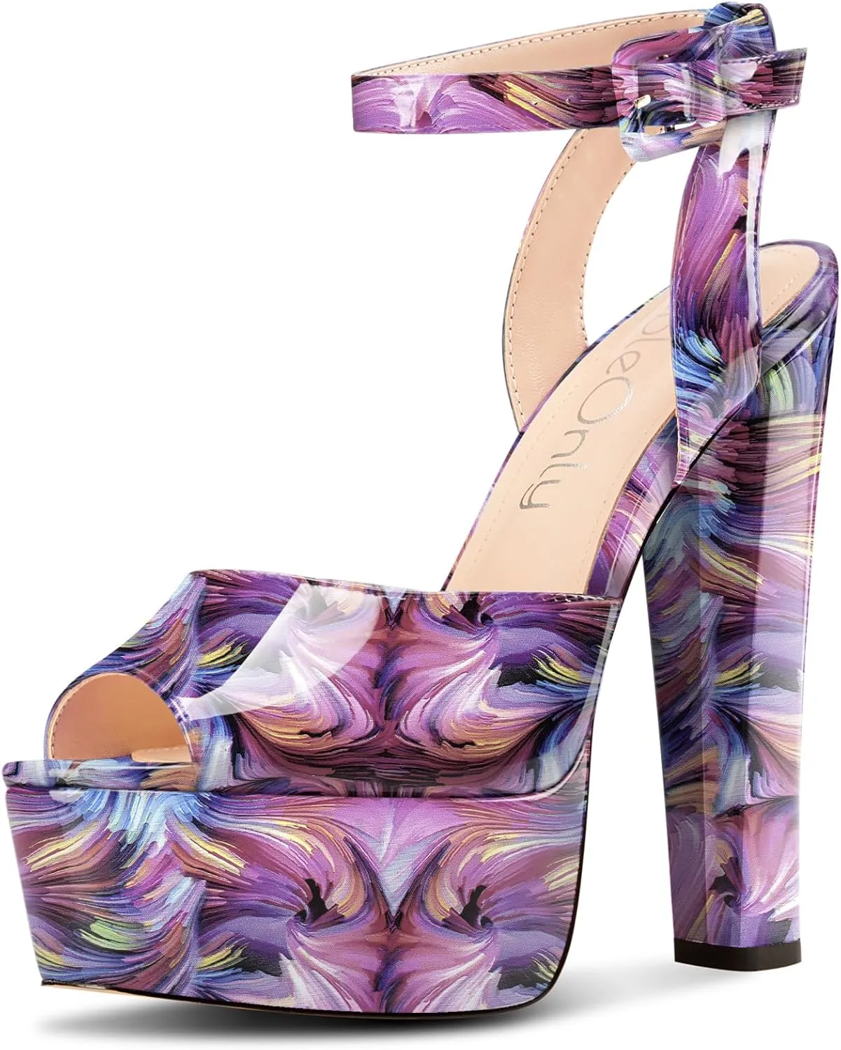 NobleOnly Womens High Block Platform Heel Peep Toe Ankle Strap Sandals Buckle Prom Dress Shoes 5.9 Inches Heels