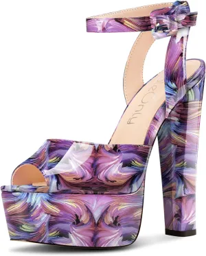 NobleOnly Womens High Block Platform Heel Peep Toe Ankle Strap Sandals Buckle Prom Dress Shoes 5.9 Inches Heels