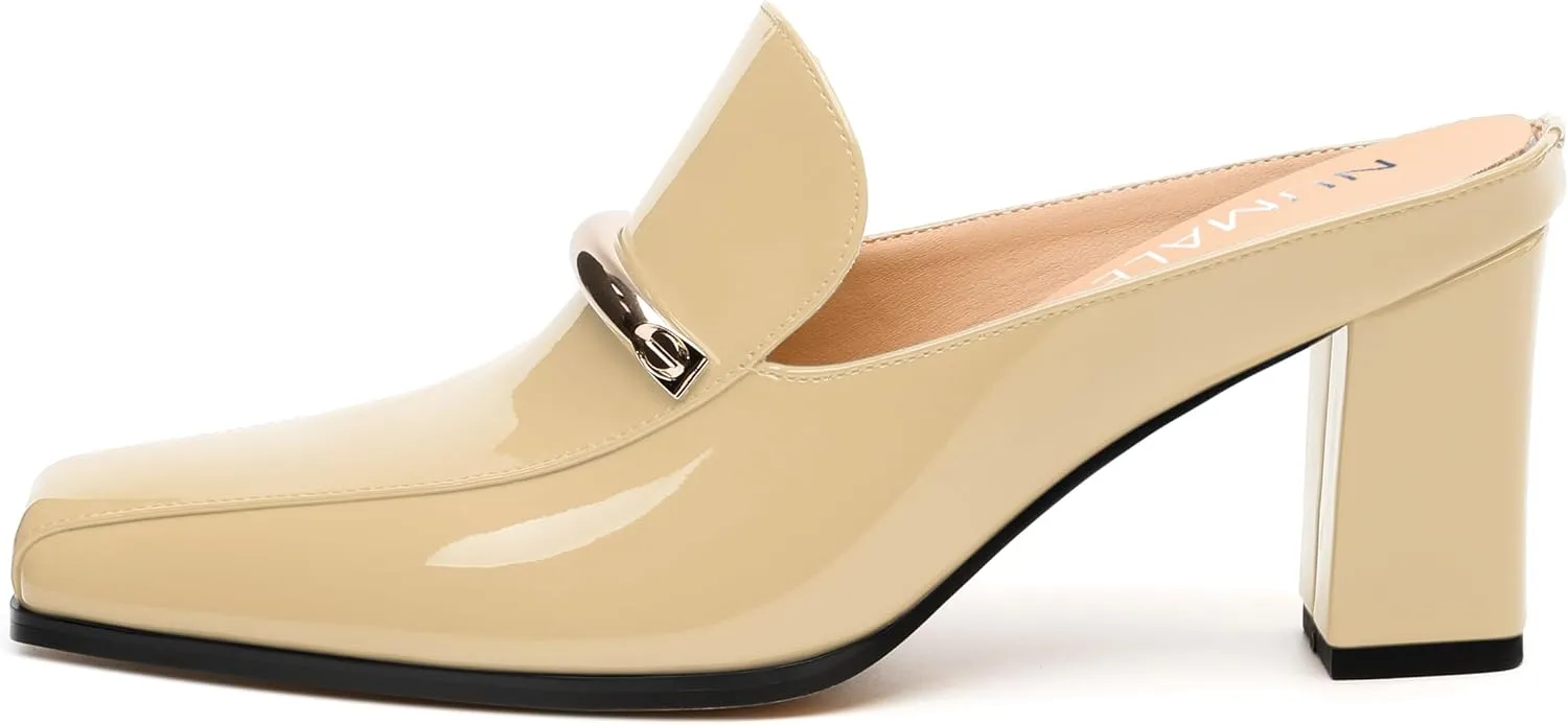 NUMALEO Womens Mules Chunky Block Heel Loafers Slip On Heeled Mules Closed Square Toe Heels Mules for Women Comfortable Dressy Backless Loafers Shoes for Office Work Casual