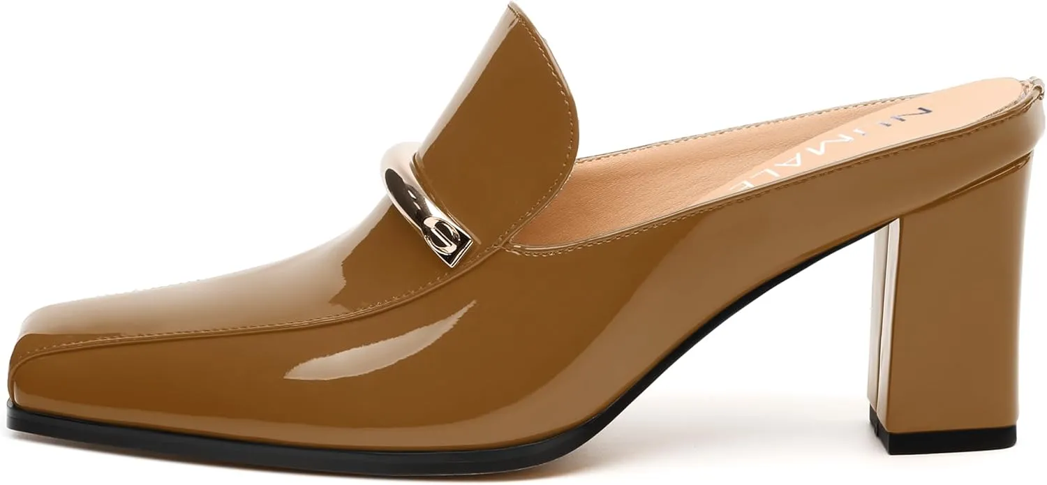 NUMALEO Womens Mules Chunky Block Heel Loafers Slip On Heeled Mules Closed Square Toe Heels Mules for Women Comfortable Dressy Backless Loafers Shoes for Office Work Casual