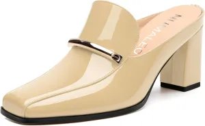 NUMALEO Womens Mules Chunky Block Heel Loafers Slip On Heeled Mules Closed Square Toe Heels Mules for Women Comfortable Dressy Backless Loafers Shoes for Office Work Casual