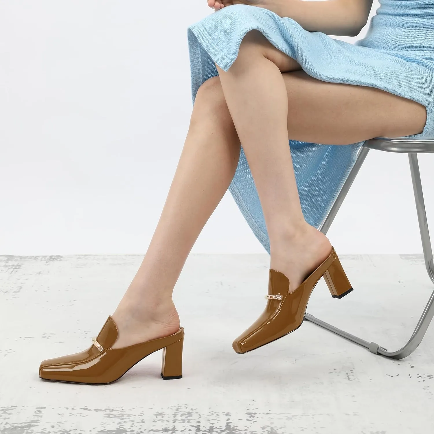 NUMALEO Womens Mules Chunky Block Heel Loafers Slip On Heeled Mules Closed Square Toe Heels Mules for Women Comfortable Dressy Backless Loafers Shoes for Office Work Casual