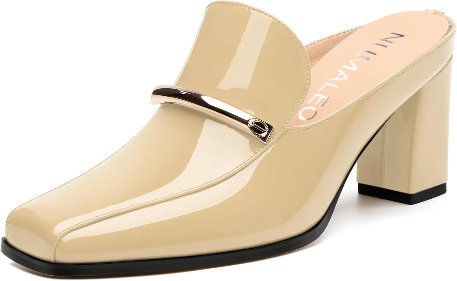 NUMALEO Womens Mules Chunky Block Heel Loafers Slip On Heeled Mules Closed Square Toe Heels Mules for Women Comfortable Dressy Backless Loafers Shoes for Office Work Casual