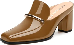 NUMALEO Womens Mules Chunky Block Heel Loafers Slip On Heeled Mules Closed Square Toe Heels Mules for Women Comfortable Dressy Backless Loafers Shoes for Office Work Casual