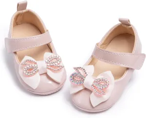Oamico Infant Baby Girls Mary Jane Flats Non Slip Rubber Sole with Bownot Toddler First Walkers Princess Wedding Dress Shoes