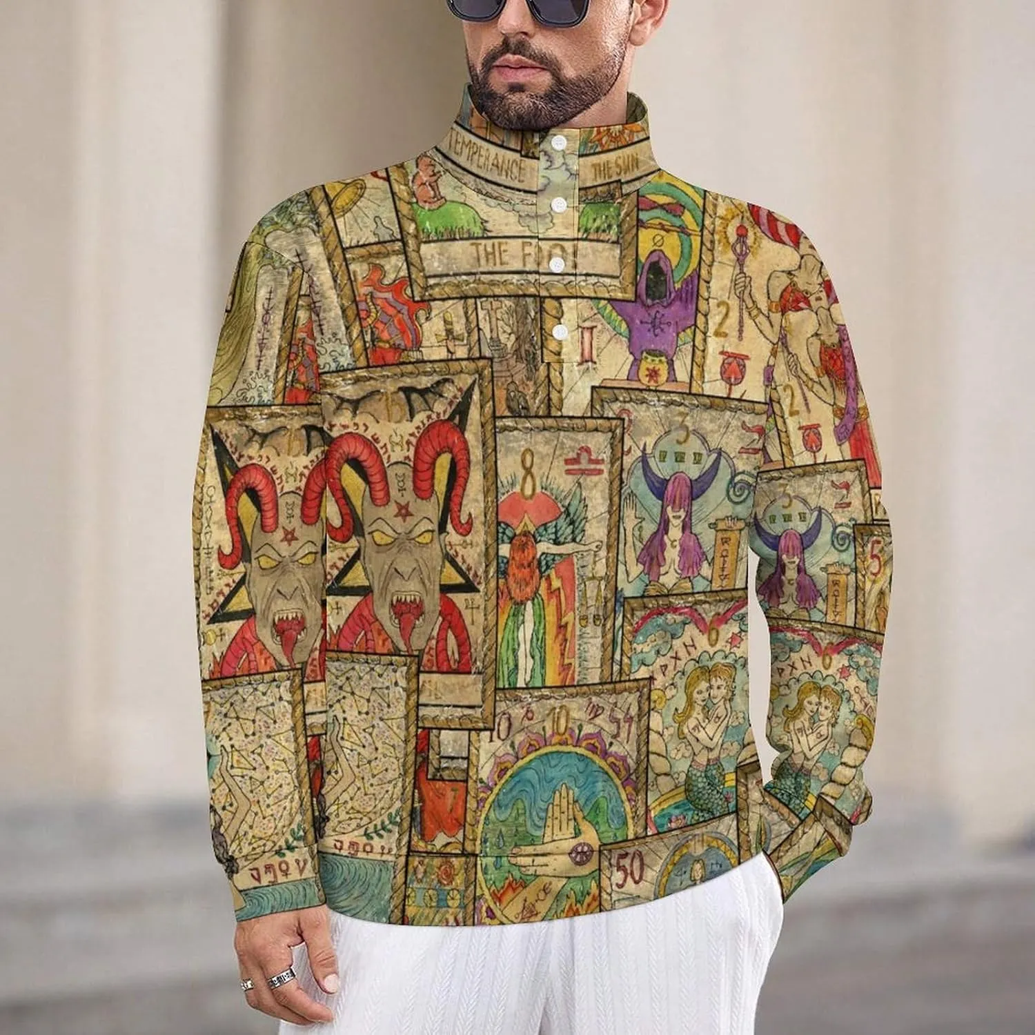 Old Tarot Cards in Vertical Layout Men's Casual Sweatshirt Long Sleeve Thermal Stand Collar Button Pullover