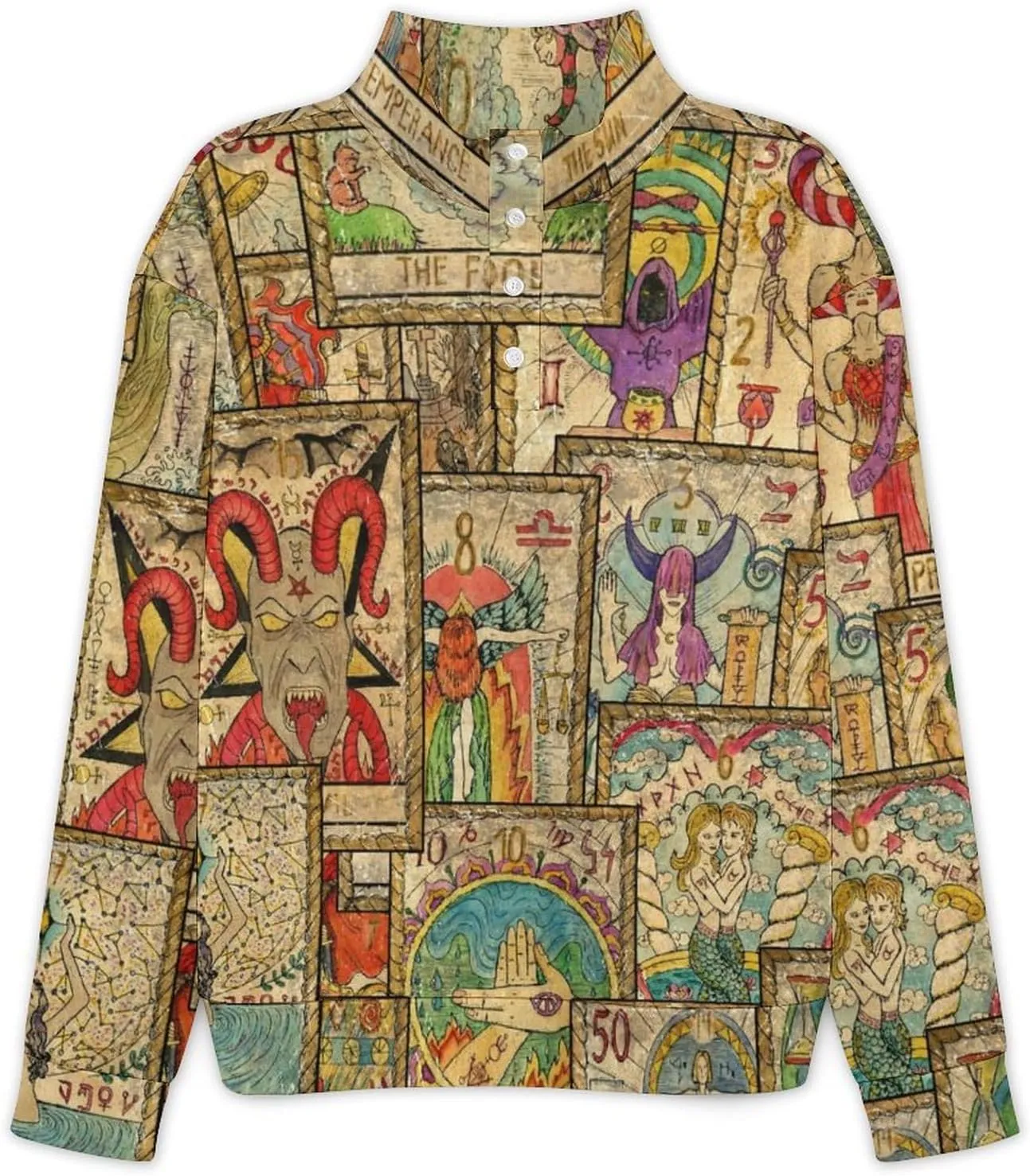 Old Tarot Cards in Vertical Layout Men's Casual Sweatshirt Long Sleeve Thermal Stand Collar Button Pullover