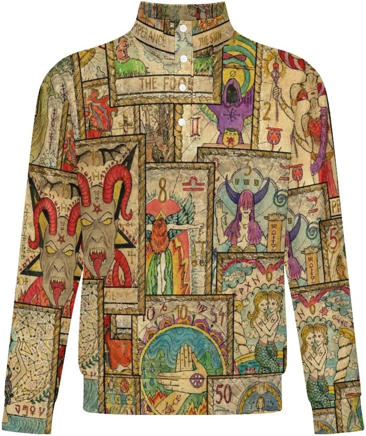 Old Tarot Cards in Vertical Layout Men's Casual Sweatshirt Long Sleeve Thermal Stand Collar Button Pullover