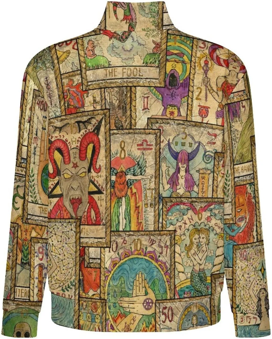 Old Tarot Cards in Vertical Layout Men's Casual Sweatshirt Long Sleeve Thermal Stand Collar Button Pullover