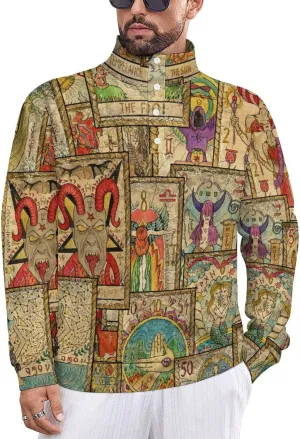 Old Tarot Cards in Vertical Layout Men's Casual Sweatshirt Long Sleeve Thermal Stand Collar Button Pullover
