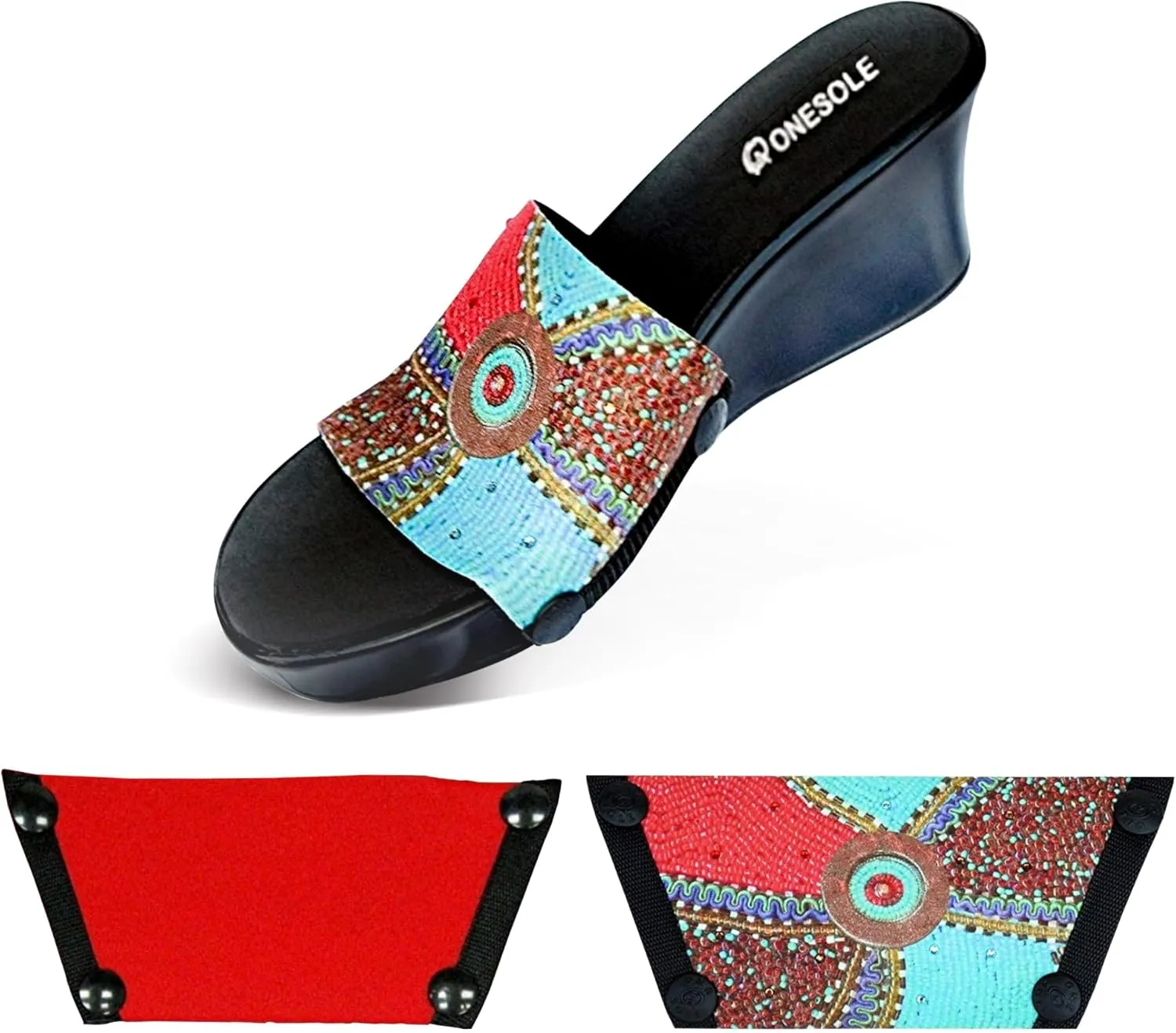 Onesole Elegance Black Travel Kit, wedge sandals for women As Seen on Shark Tank Interchangeable Soles, Soft Step Wedge Shoes with Turq Circ Crystal Top and Travel bag
