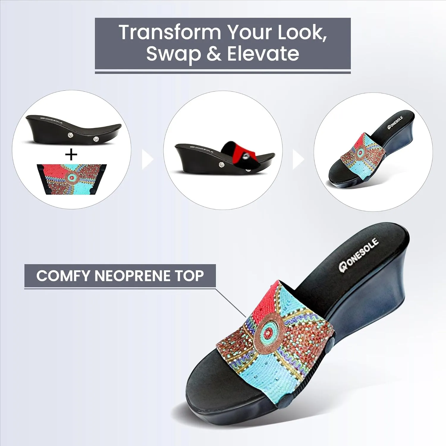 Onesole Elegance Black Travel Kit, wedge sandals for women As Seen on Shark Tank Interchangeable Soles, Soft Step Wedge Shoes with Turq Circ Crystal Top and Travel bag