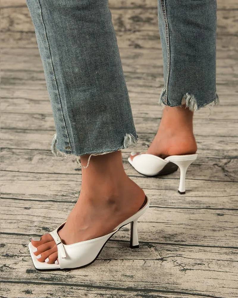 Open Square Toe High Heels Slides for Women Stilettos Heeled Sandals Adjustable Single Band Slip on Comfort Sexy Dress Heeled Mules