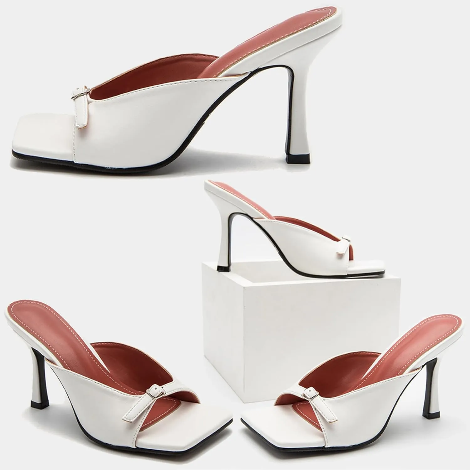 Open Square Toe High Heels Slides for Women Stilettos Heeled Sandals Adjustable Single Band Slip on Comfort Sexy Dress Heeled Mules