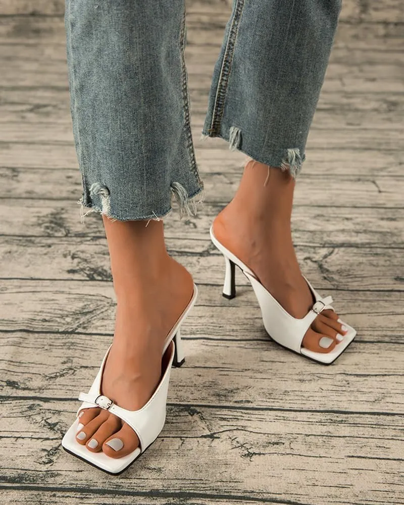 Open Square Toe High Heels Slides for Women Stilettos Heeled Sandals Adjustable Single Band Slip on Comfort Sexy Dress Heeled Mules
