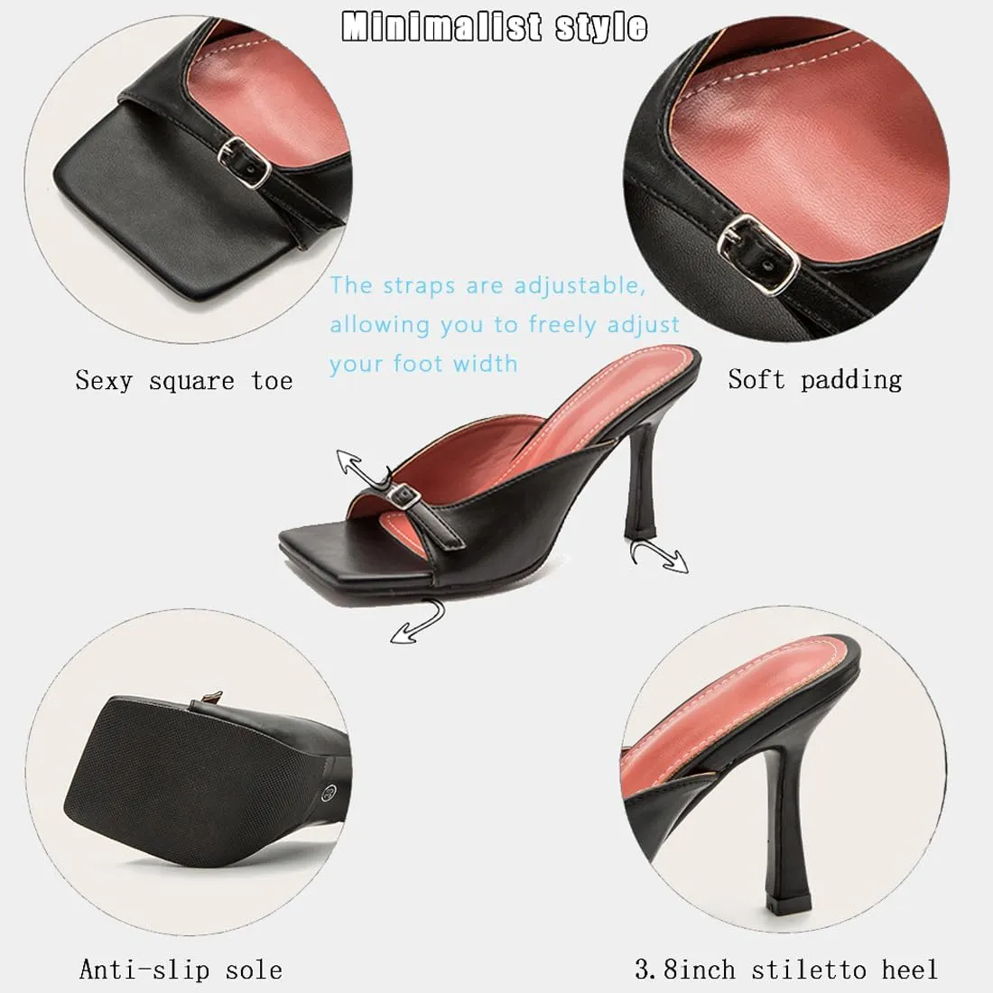Open Square Toe High Heels Slides for Women Stilettos Heeled Sandals Adjustable Single Band Slip on Comfort Sexy Dress Heeled Mules