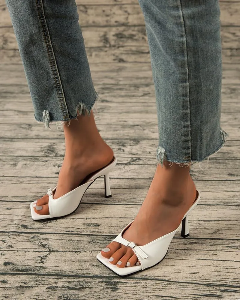 Open Square Toe High Heels Slides for Women Stilettos Heeled Sandals Adjustable Single Band Slip on Comfort Sexy Dress Heeled Mules