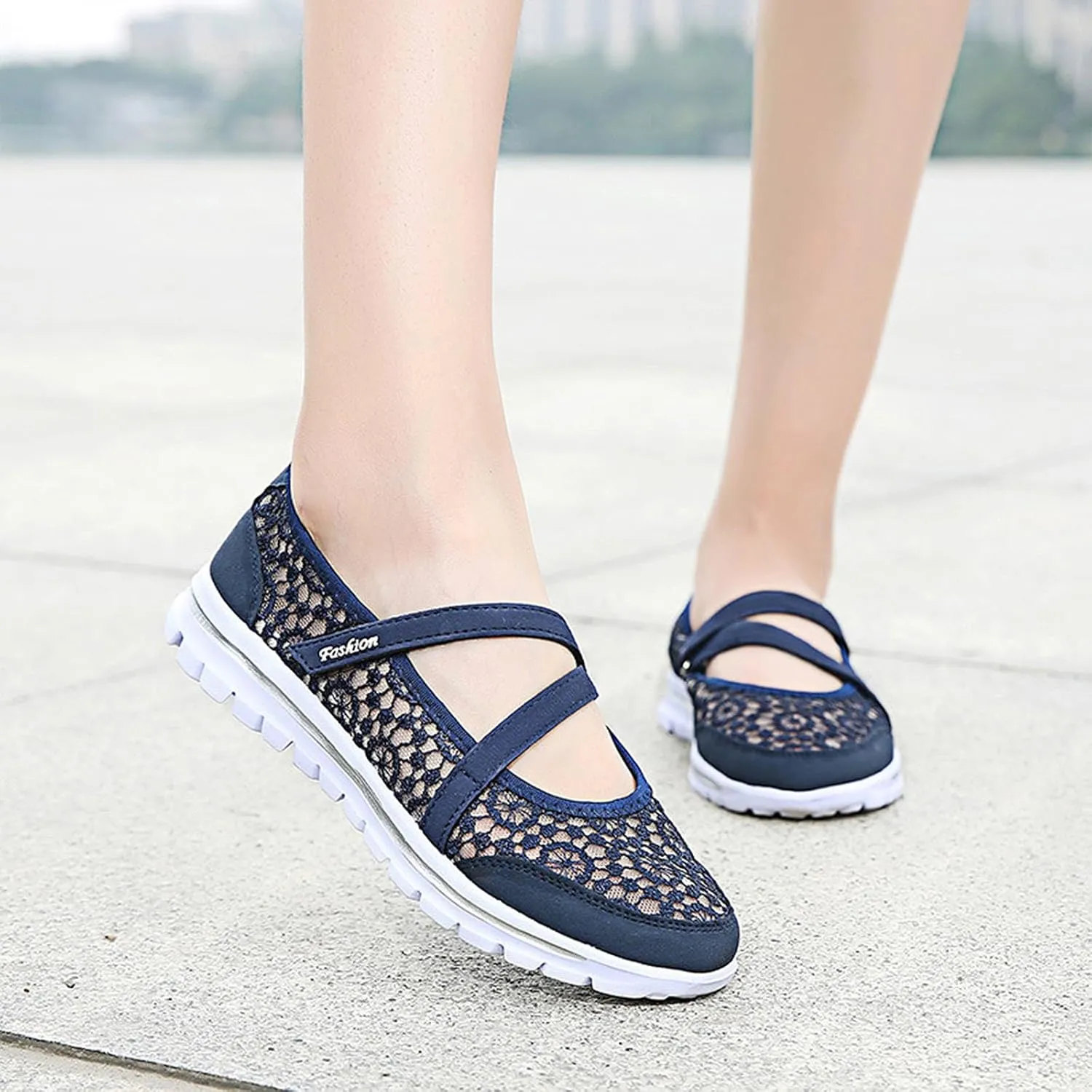 Optigard Women's Lace Mesh Adjustable Breathable Flat Walking Shoes Casual Non-Slip Lightweight Sneakers Comfortable Slip-On Shallow Mouth Mom Shoes Nurse Working Shoes Mary Jane Shoes